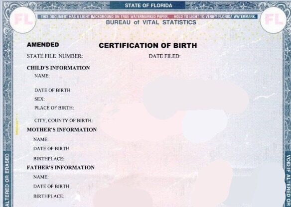 United States State office of Florida Vital Statistics certification of birth template in PSD format