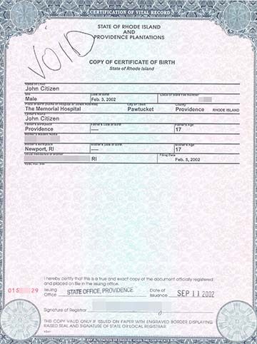 United States State office of Rhode Island birth certificate template in PSD format