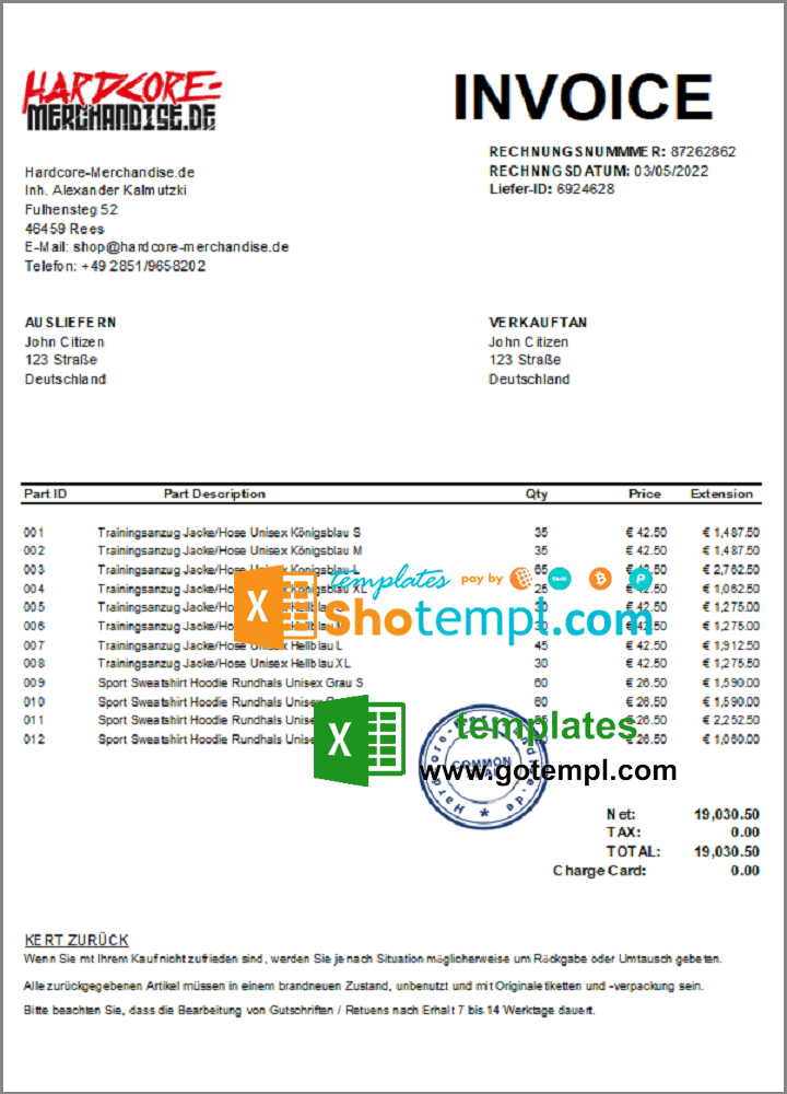 German Hardcore Merchandise invoice example in Excel and PDF format