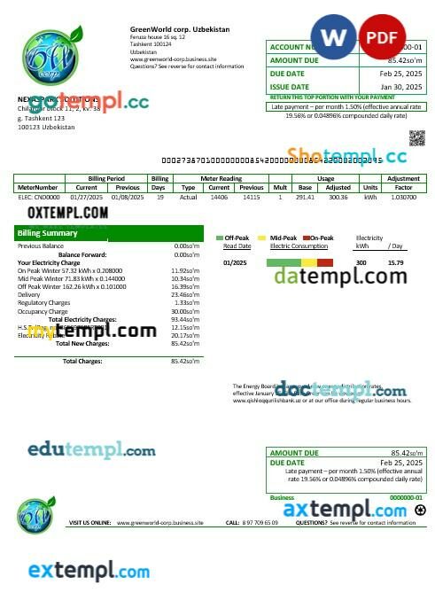 Uzbekistan GreenWorld business utility bill template in Word and PDF formats, fully editable