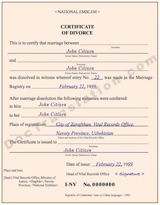 Uzbekistan Vital records office divorce certificate template in PSD format