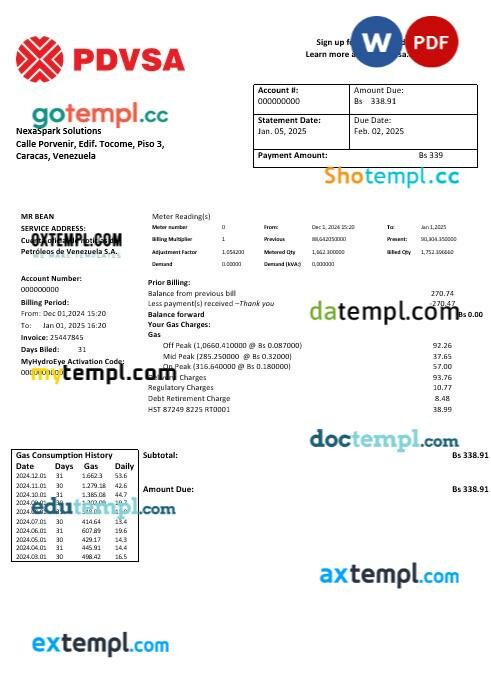 Venezuela PDVSA Gas business utility bill template in Word and PDF formats