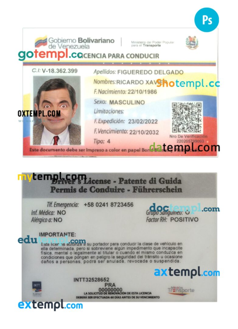 Venezuela driving license PSD editable template, 2022-present
