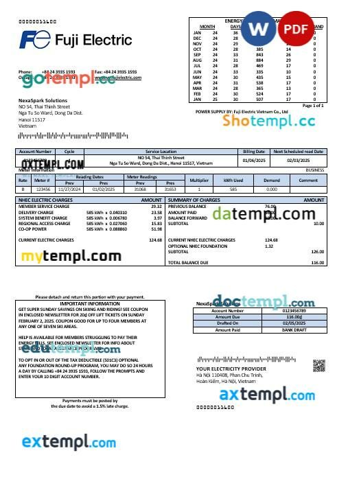 Vietnam Fuji Electric Vietnam Co. business utility bill template in Word formats