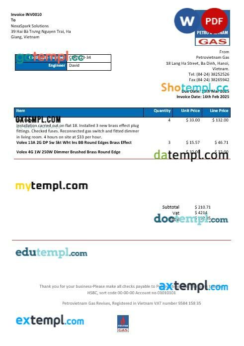 Vietnam Petrovietnam Gas business utility bill template in Word and PDF formats
