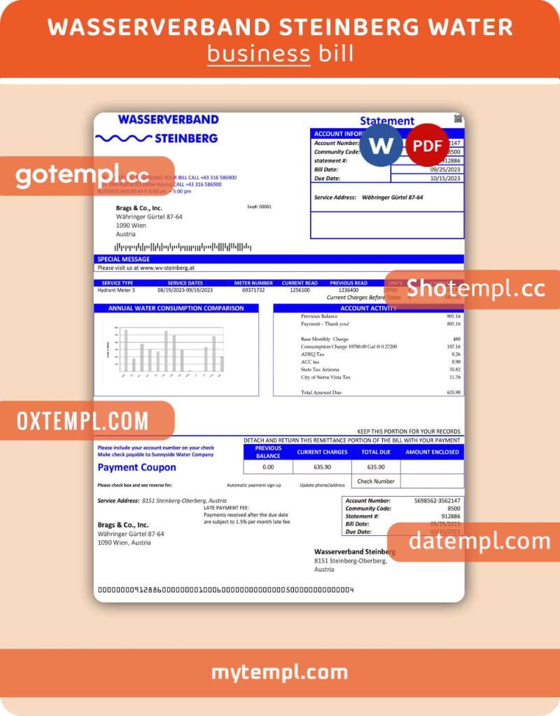 Austria Wasserverband Steinberg water business utility bill template in Word and PDF format