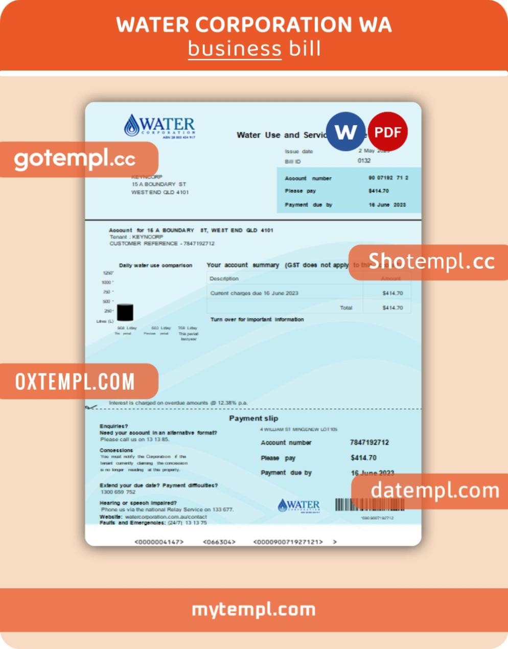 Australia Water Corporation WA business utility bill, Word and PDF template, 4 pages, version 3