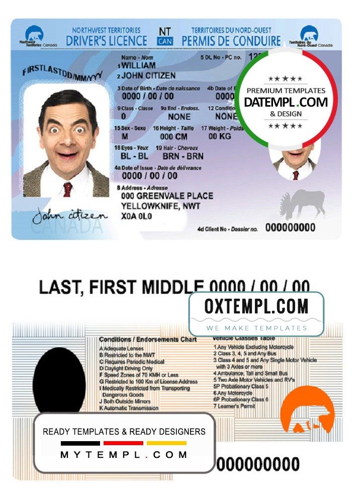 Canadian Northwest Territories driver's license example in PSD format, fully editable