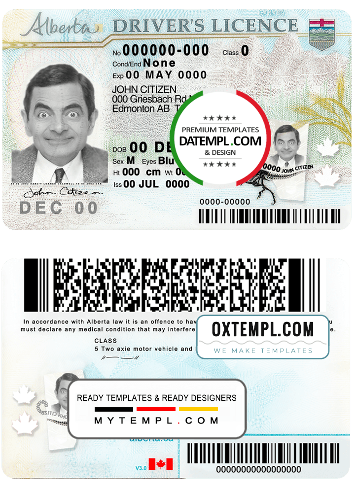 Canadian Alberta province driver license download example in PSD format, fully editable