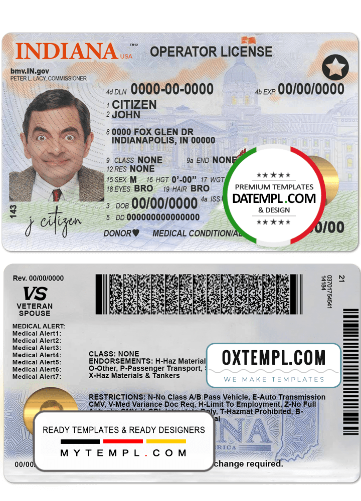 USA Indianna driving (operator) license example in PSD format (2019 - present)