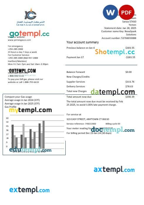 Yemen Gas Company business utility bill template in Word and PDF formats