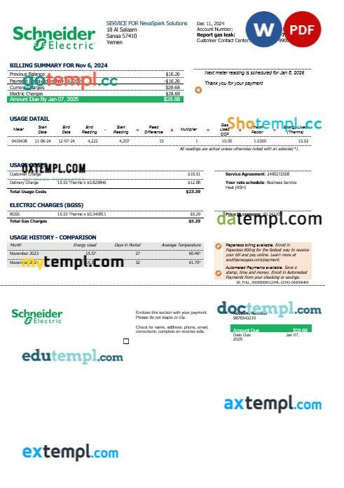 Yemen Schneider Electric business utility bill template in Word and PDF formats