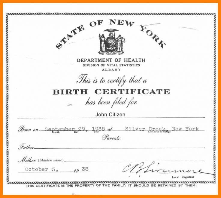 Yew York Department of Health certificate of birth template in PSD format