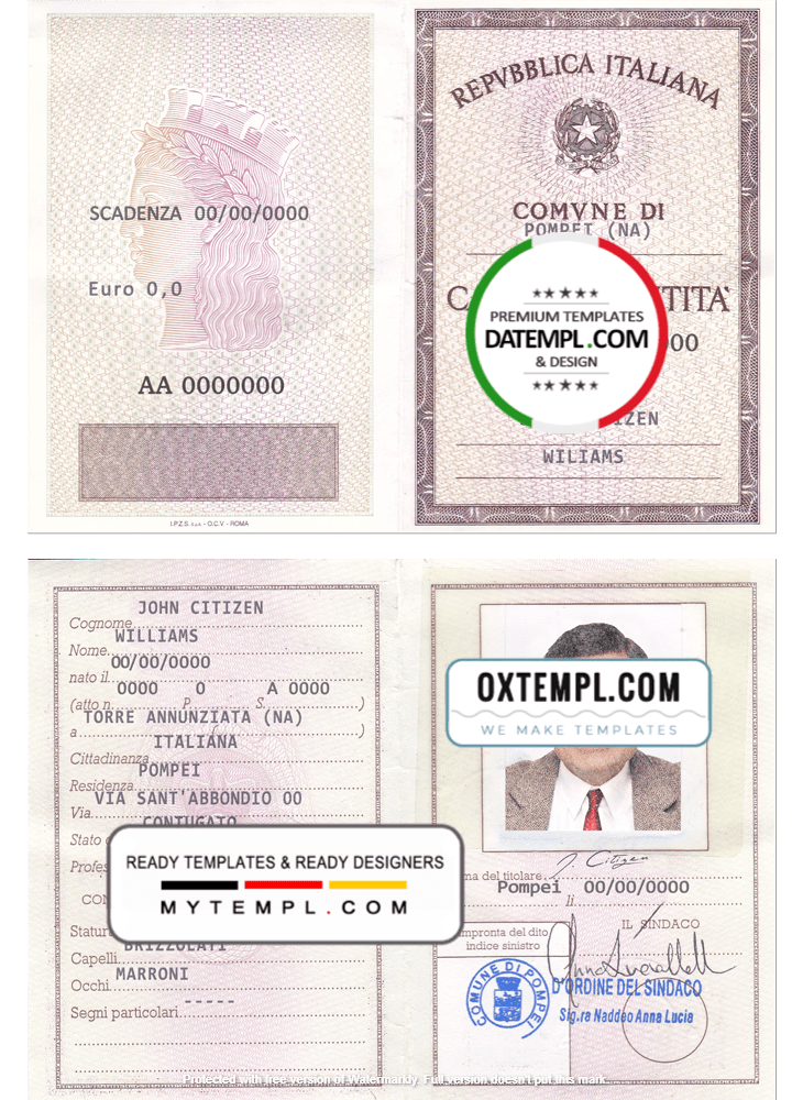Italian Identity Card (La Carta D'Identita' Italiana) example in PSD format, fully editable