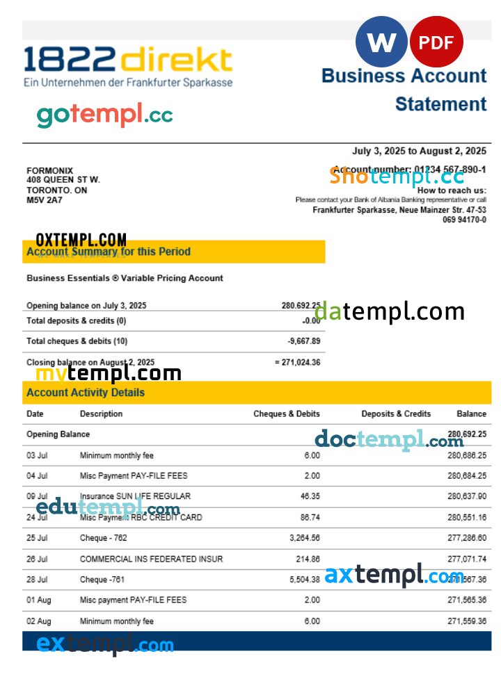 1822direkt bank enterprise account statement Word and PDF template