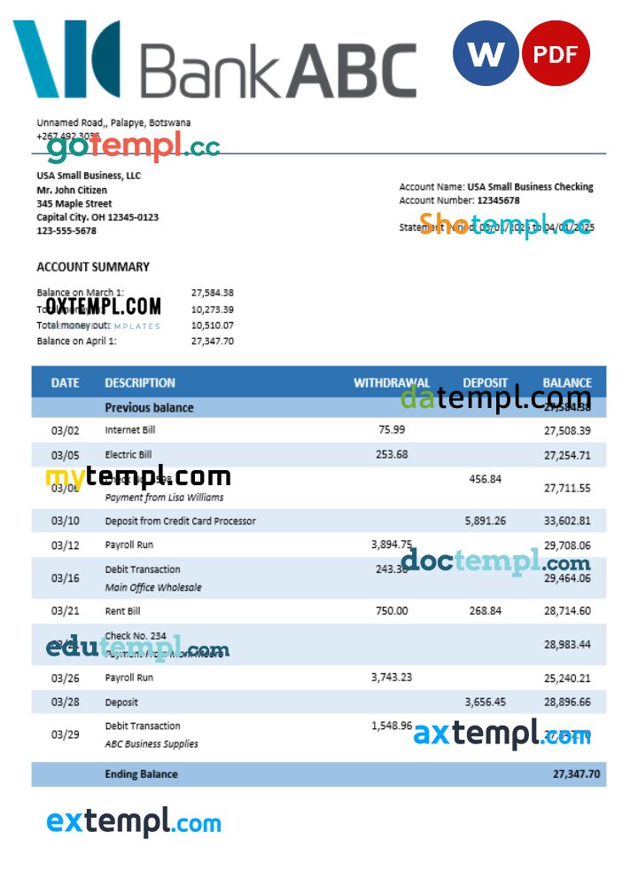 ABC bank company checking account statement Word and PDF template