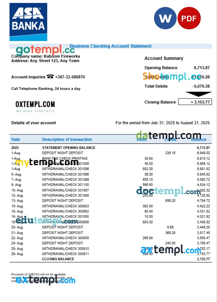 ASA Banka company checking account statement Word and PDF template
