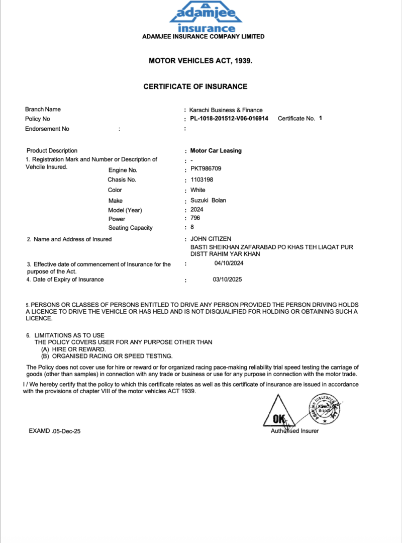 Pakistan Adamjee Insurance certificate of insurance Word and PDF template