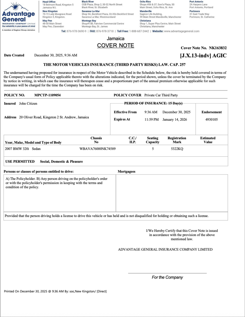 Advantage General Insurance Jamaica motor vehicles insurance Word and PDF template