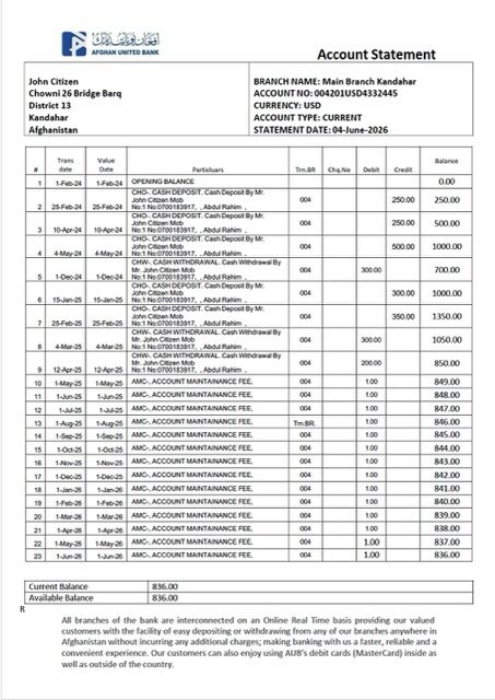 Afghan United Bank account statement Word and PDF template