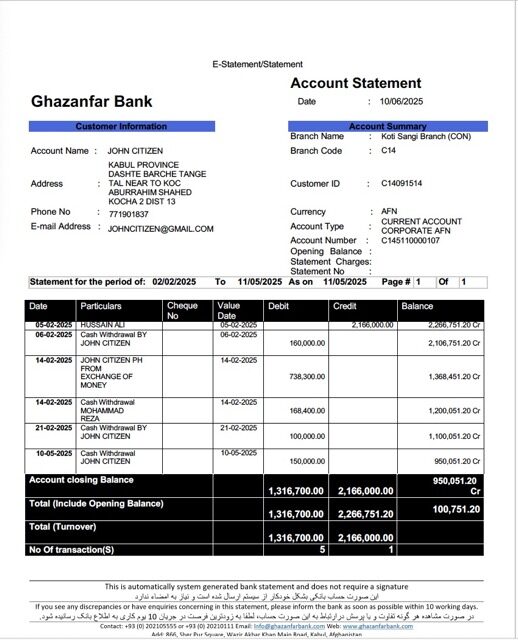 Afghanistan Ghazanfar Bank account statement Word and PDF template