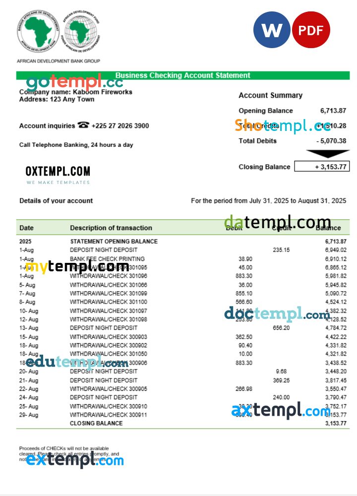 African Development business bank statement Word and PDF format