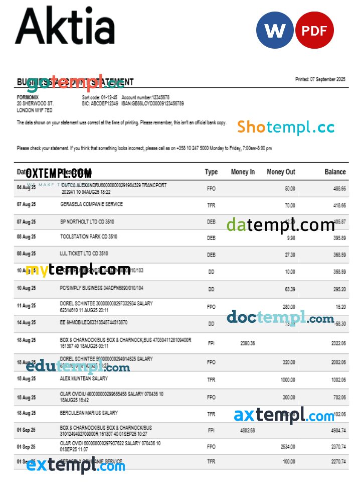 Aktia Bank business firm account statement Word snd PDF format