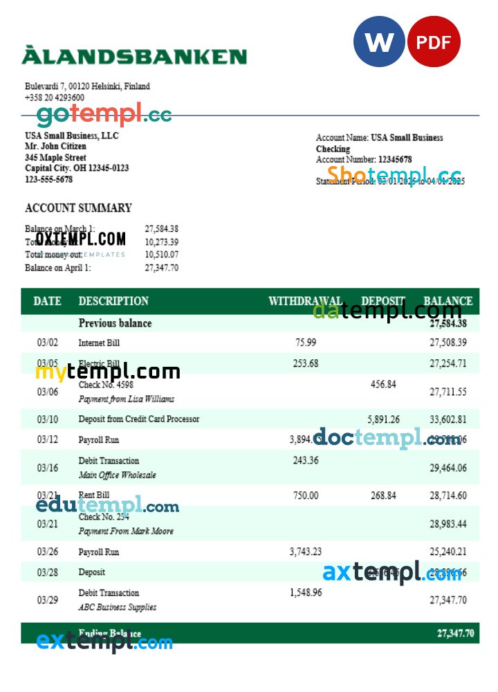 Aland bank firm account statement Word and PDF template