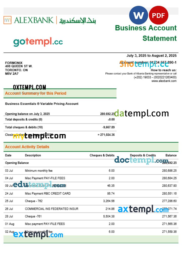 Alex bank company statement Word and PDF format