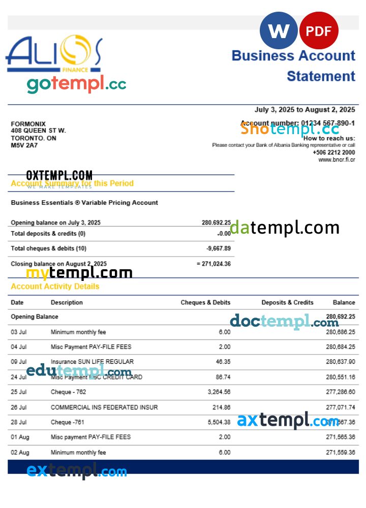 Alios Finance business firm account statement Word snd PDF format