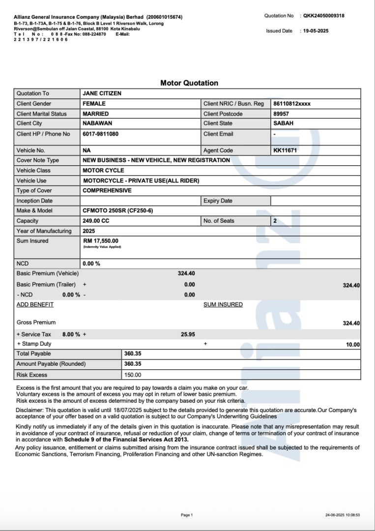 Allianz General Insurance Company Malaysia motor quotation Word and PDF template
