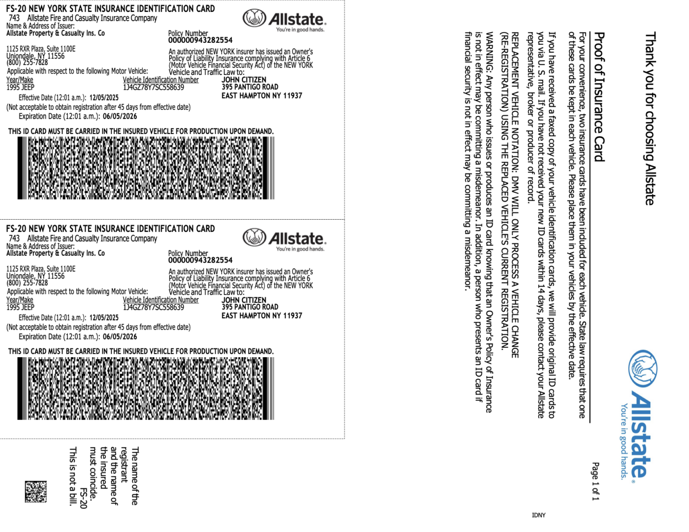 Allstate New York State insurance identification card Word and PDF template
