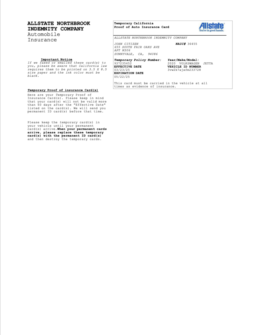 Allstate Temporary California proof of auto insurance card Word and PDF template 