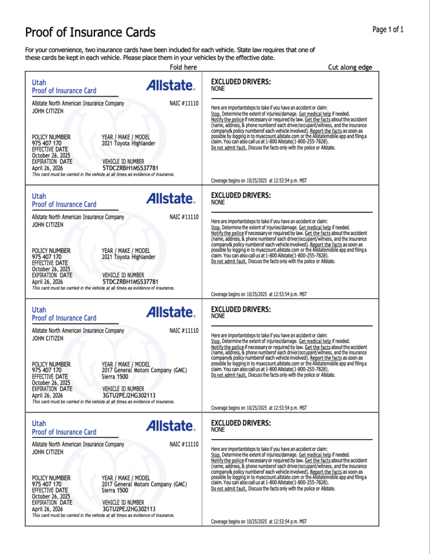 Allstate Utah proof of insurance card Word and PDF template