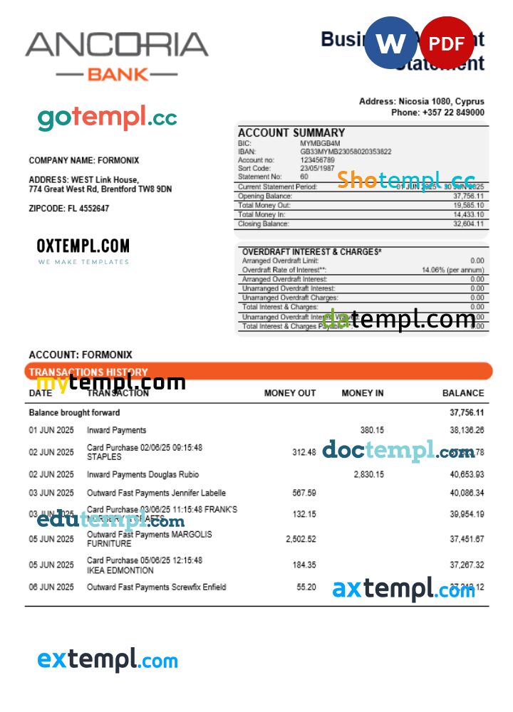 Ancoria bank business account statement Word and PDF template