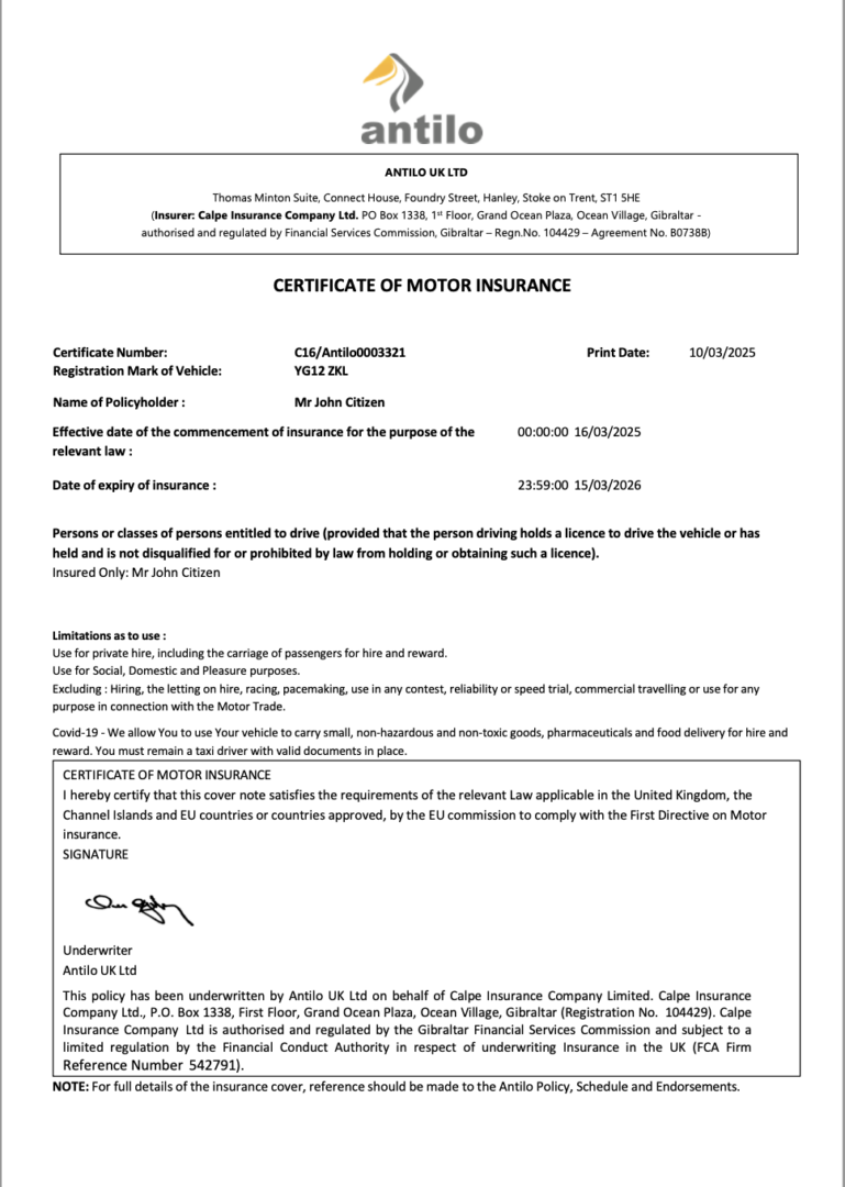 Antilo UK LTD certificate of motor insurance Word and PDF template