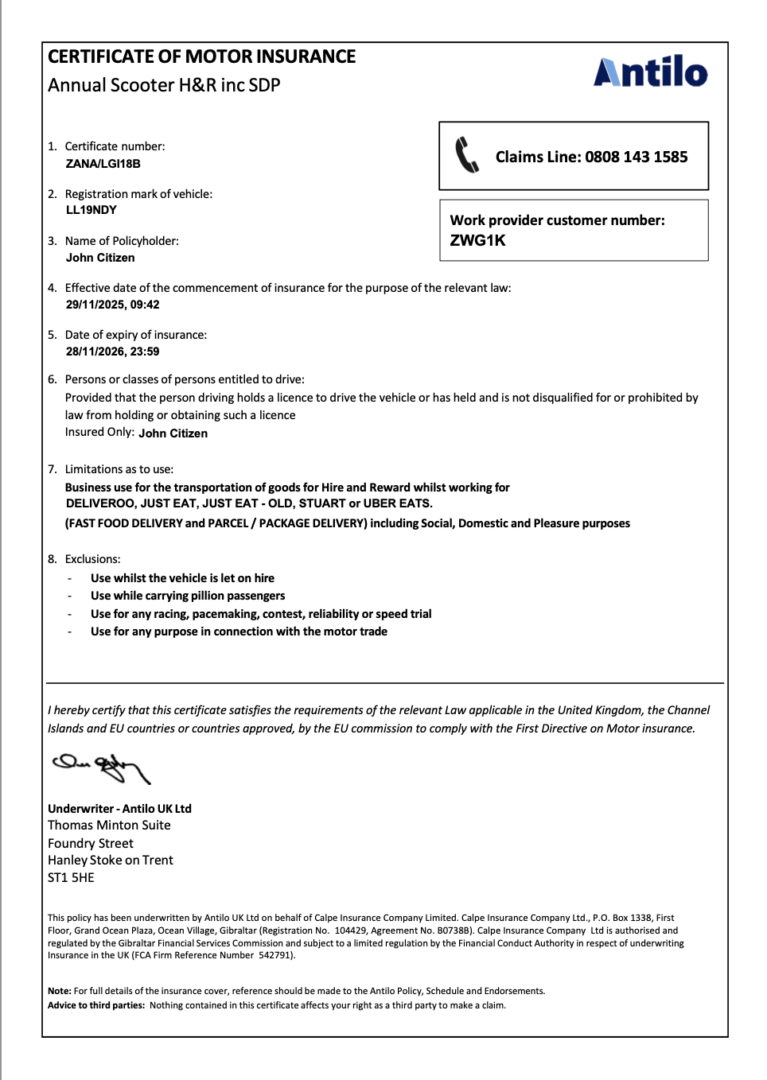 Antilo UK LTD certificate of motor insurance Word and PDF template, version 2