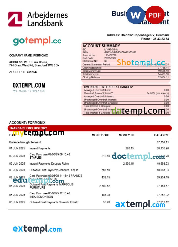 Arbejdernes Landsbank enterprise account statement Word and PDF template