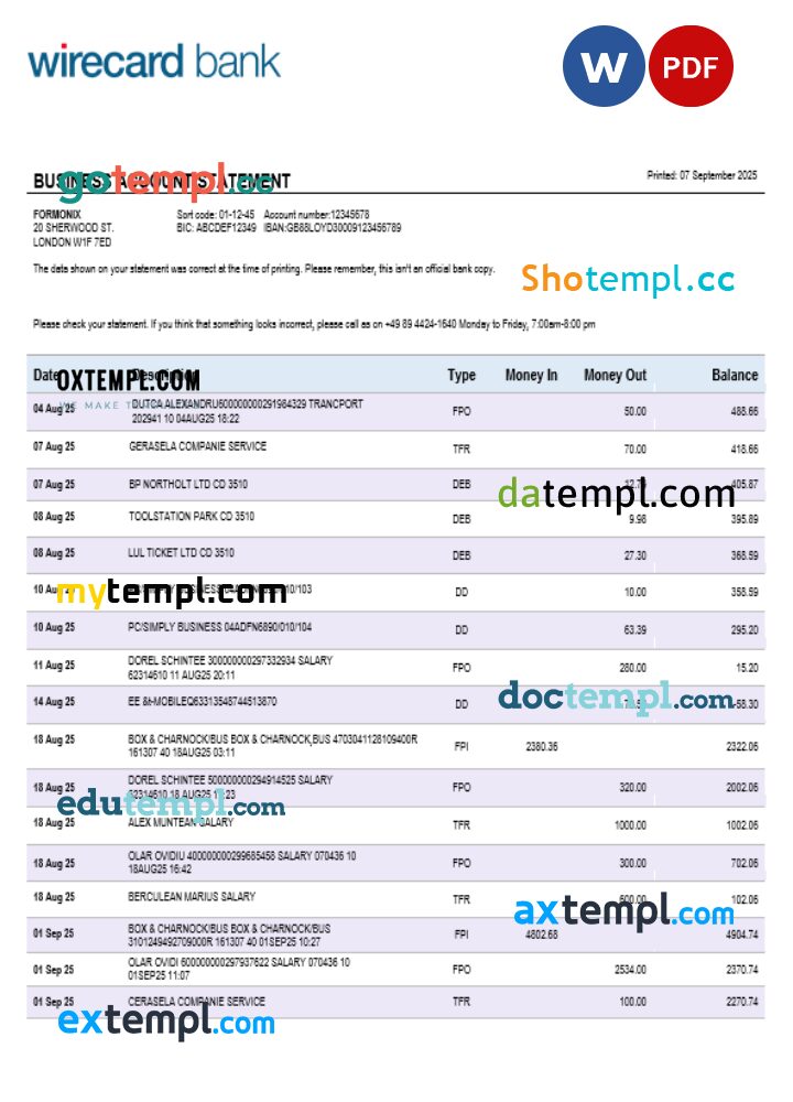 Aschheim Wirecard business firm account bank statement Word and PDF format