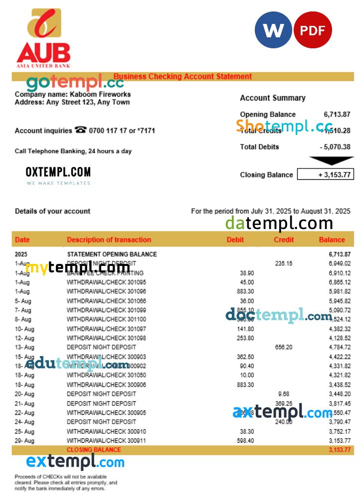 Asia United Bank (AUB) company statement Word and PDF format