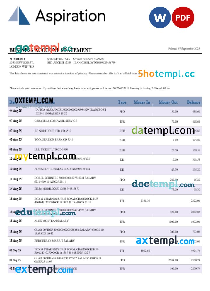 Aspiration bank business account statement Word and PDF template
