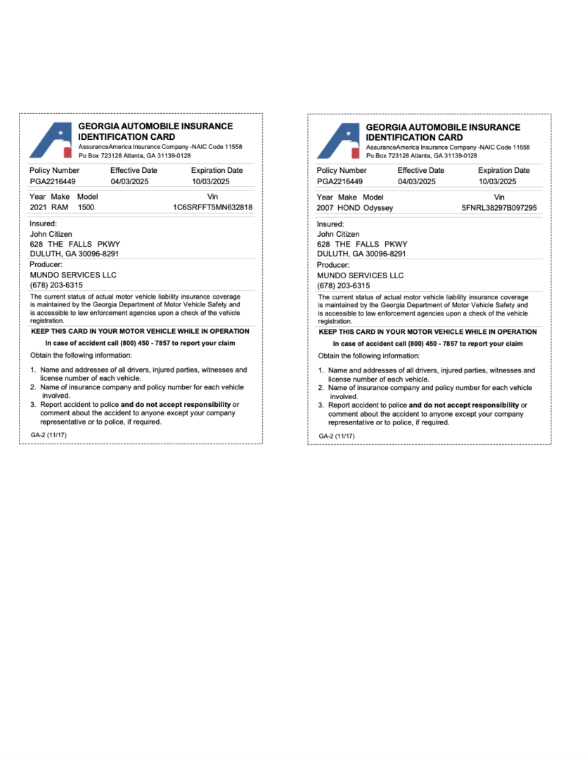 Assurance America Georgia automobile insurance identification card Word and PDF template