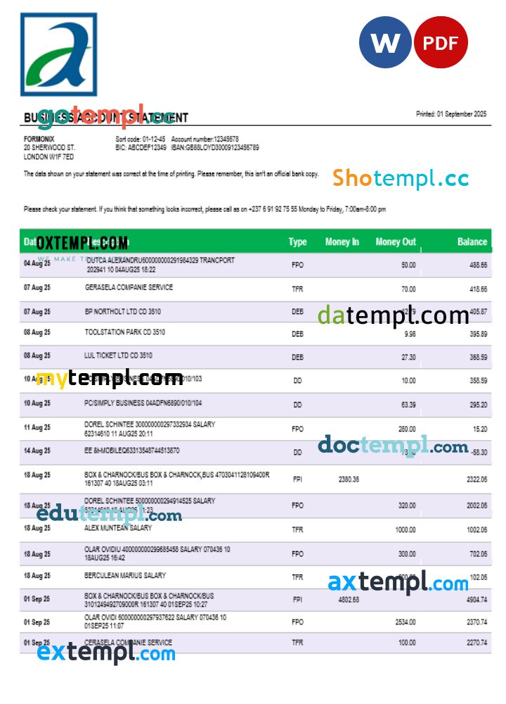Atlantic company checking account statement Word and PDF template