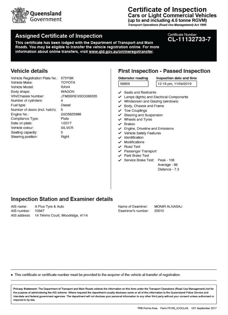 Australia Queensland certificate of vehicle inspection in PSD format