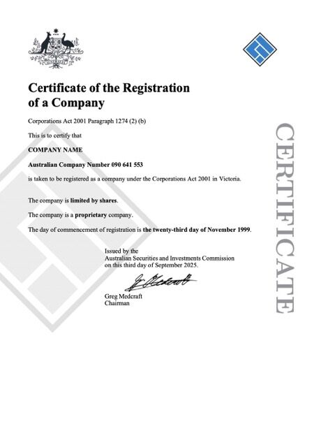 Australia certificate of company registration Word and PDF template