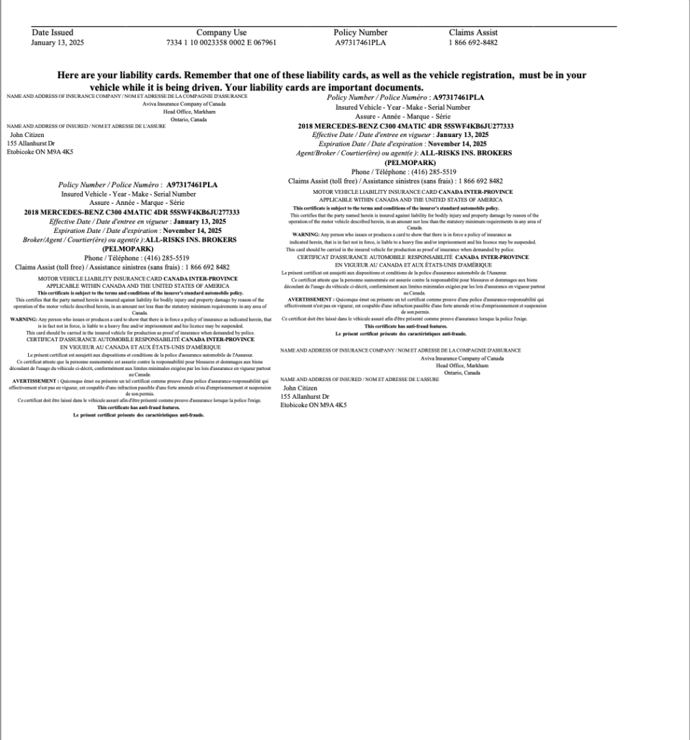 Aviva Insurance Company Canada liability card Word and PDF template