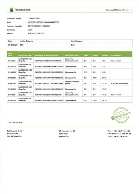 Azerbaijan Rabitəbank account statement Word and PDF template