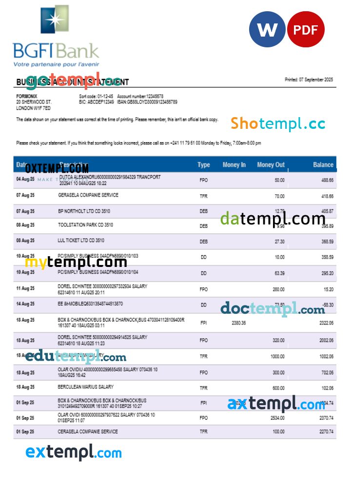 BGFI bank firm account statement Word and PDF format