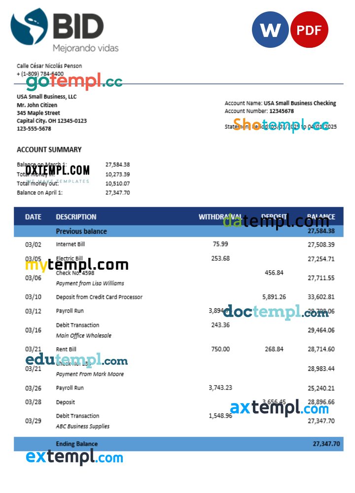 BID business account statement Word and PDF template