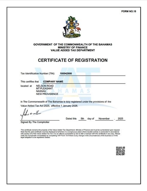Bahamas VAT registration certificate Word and PDF template